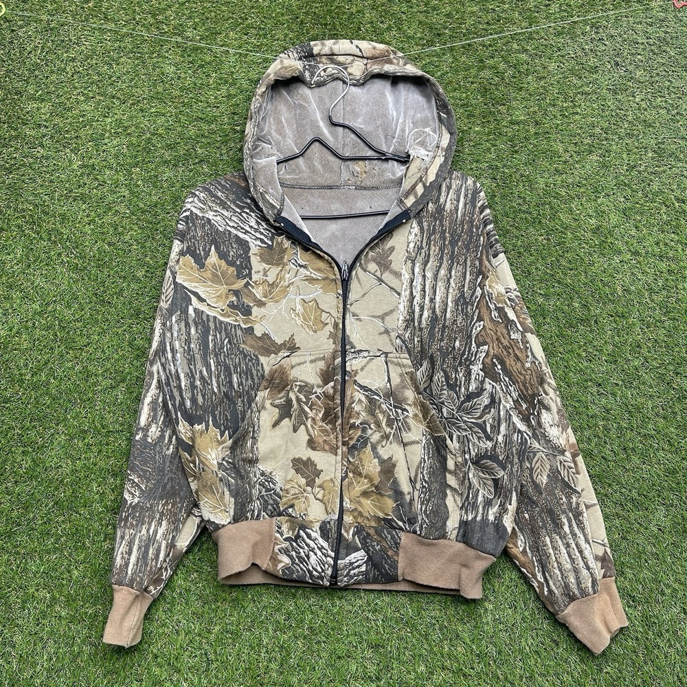 Vintage American Hunting Gear Hoodie Mens Medium Realtree Velour Lined Camo 90s